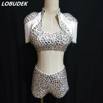 Handmade Rhinestones White Bikini Stage Costume Sparkly Crystals Bra Shorts Jacket 3 Piece Sets Women DJ Singer Jazz DS Outfit Handmade Rhinestones White Bikini Stage Costume Sparkly Crystals Bra Shorts Jacket 3 Piece Sets Women DJ Singer Jazz DS Outfit