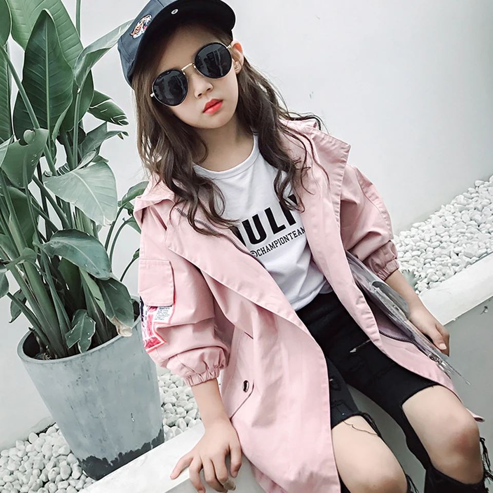 

2018 Korean Style Autumn Children Girls Jacket Windbreaker Coat Kids Solid Hooded Wind Coat Trench Overcoat Girls Clothes