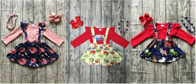 Spring/winter baby girls clothes cotton camper bus yard floral halter Button Straps dress boutique long sleeve match accessories