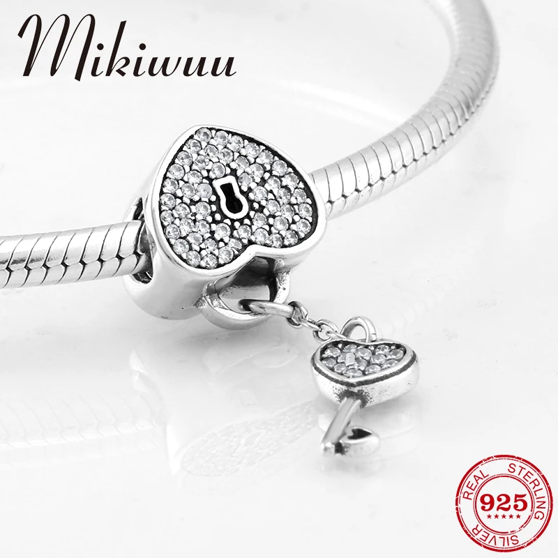 

925 Sterling Silver charms lover Heart Lock and key Sparkling CZ fine Bead Jewelry making Fit Original Pandora Charm Bracelet