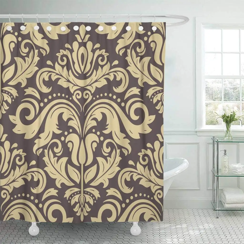 

Shower Curtain with Hooks Yellow Oriental Brown and Golden in The Style of Baroque Traditional Classic Pattern Bathroom Decor