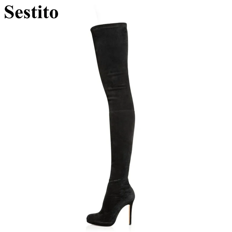 

Sexy Solid Pointed Toe Over-the-Knee Long Women Boots Winter Flock Super High Thin Heels Basic Slip-on Platform Dress Shoes