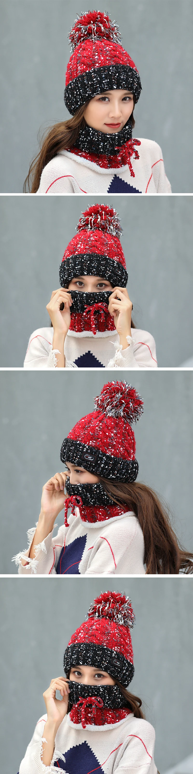 Зимняя женская шапка, шарф, набор, милый горошек, снежинка, теплые вязаные шапки, шапки для девочек, Skullies Beanies, шапка с помпоном для женщин
