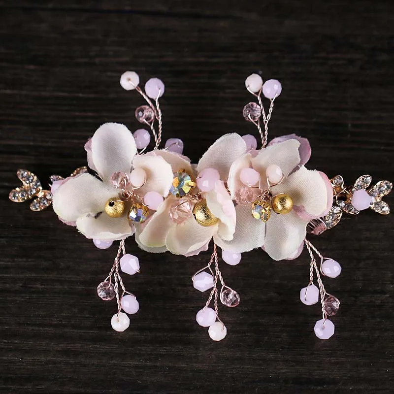 

Romantic Pink Flower Headband Bride Tiaras Wedding Hair Clip Jewelry Children's Dress Accessories Handmade Crystal Headdress
