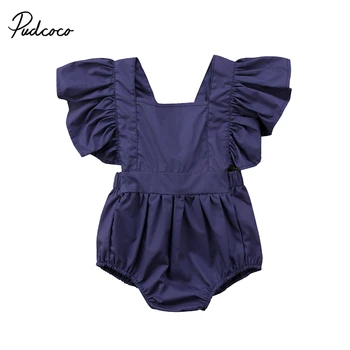 

Navy Blue Ruffles Newborn Baby Girls Summer Sunsuit Back Cross Fly Sleeve Princess Kid Jumpsuit Romper Outfit Baby Clothes 0-24M