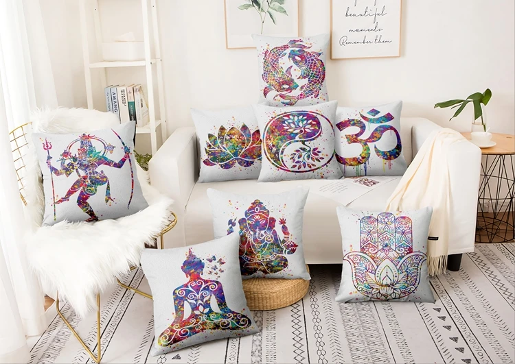 Zen Yoga Art Watercolor Painting Printed Pillowcase Home Pillow Decoration Almofadas Decorativas Para Sofa Throw Pillow 45*45