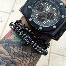 Ágata de la naturaleza y el hematites rebordea bijoux pulseras brazaletes del cráneo cráneo del brazalete de acero titanium de la cuerda joyería de los hombres de halloween