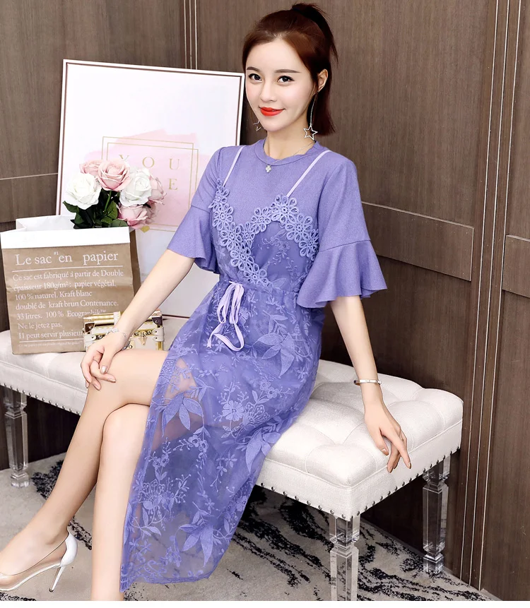 

2 Piece set Summer Women's Long O-neck T-shirt and Mesh See Through Slip lace Dress Sets Women Fashion and female summer suit