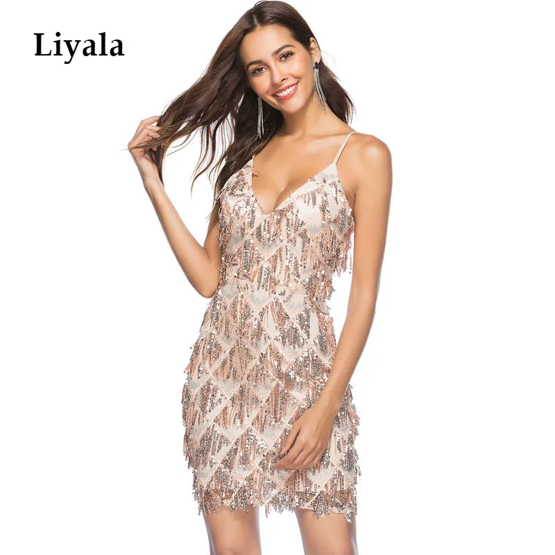 Mujeres flecos Bodycon de cuello en V Correa Sexy noche Club vestidos brillo Wrap Mini vestido para mujer damas|Vestidos| - AliExpress