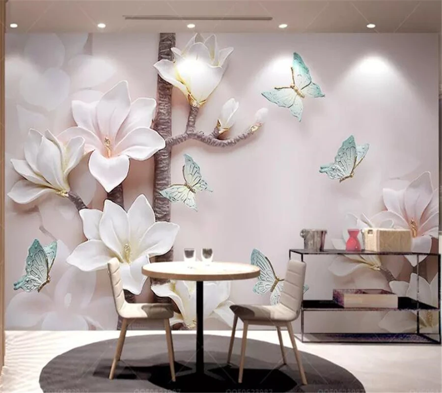 

Beibehang Custom wallpaper 3d beautiful pink embossed wallpapers magnolia butterfly stereo TV background wall papers home decor