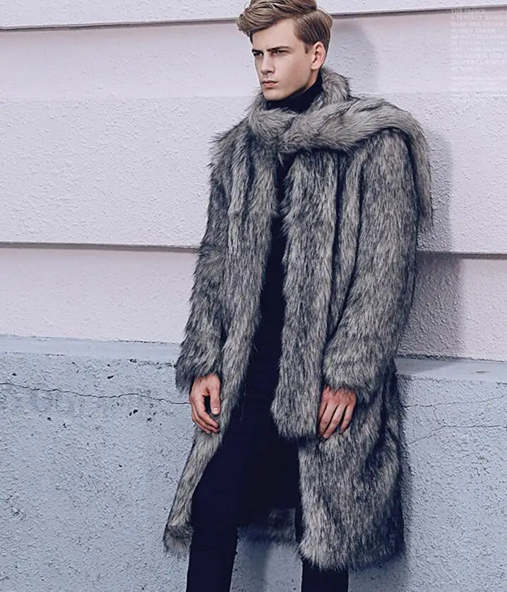 2019 осенние и зимние новые мужские пальто из искусственного меха лисы Длинная ветровка теплое пальто тренд пальто большой размер