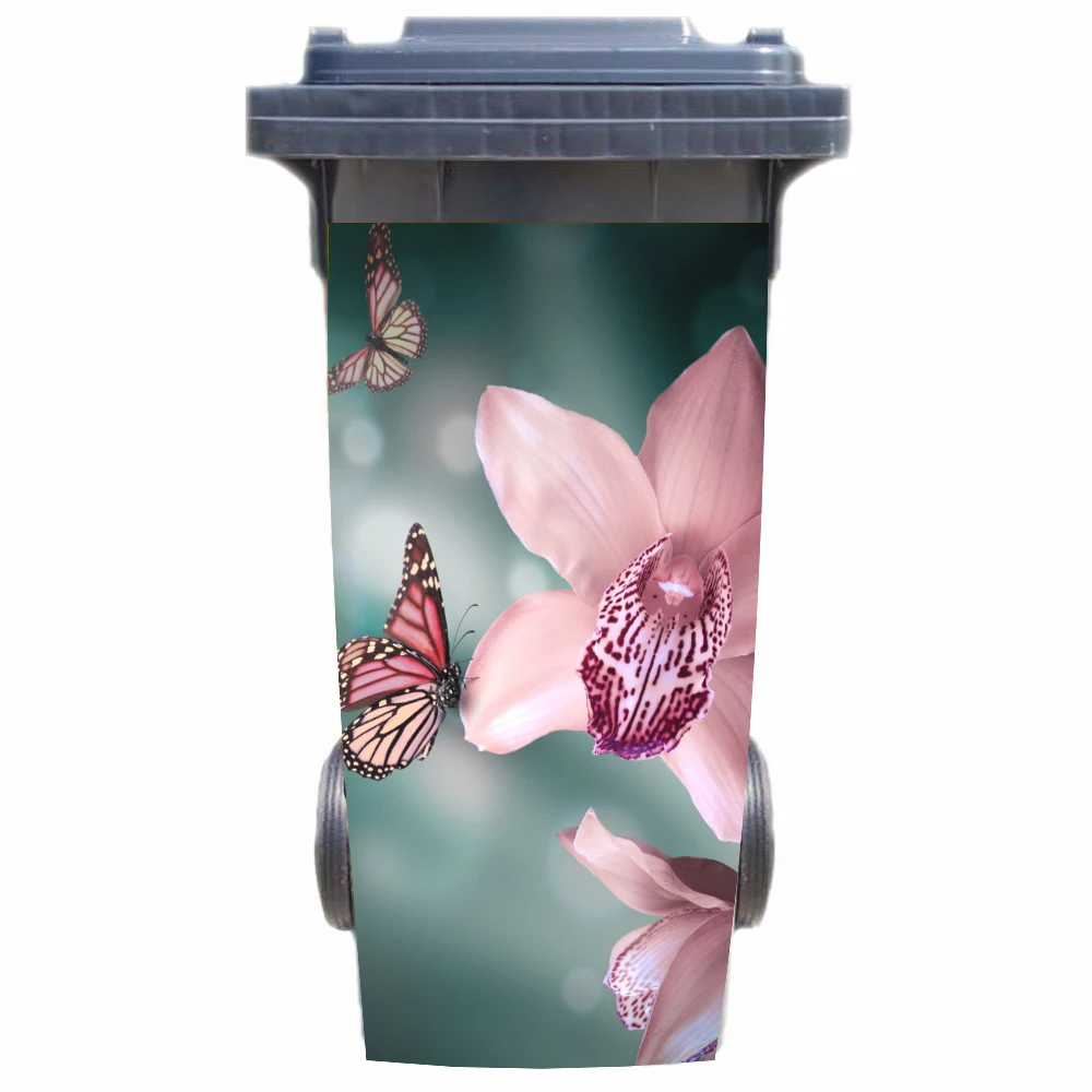 

DIY 3D butterfly with flowers removable Waterproof Sticker Decals Rubbish bin trash can Cover sticker poster 120liter 240liter