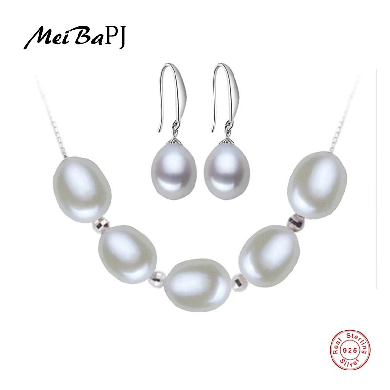

[MeiBaPJ]High quality natural pearl necklace set with 925 sliver beads for women 4 colors sterling sliver jewelry with gift box
