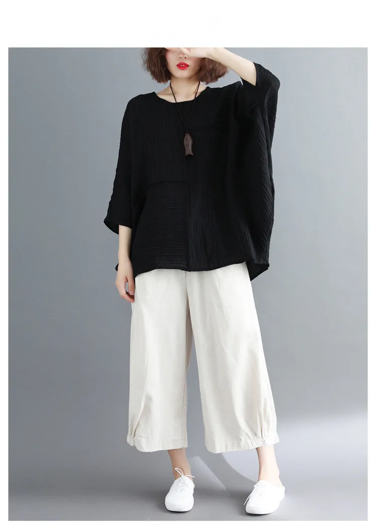 LZJN 2019 New Cotton Linen Soft Wide Leg Women Pants Elastic Waist Solid Color Summer Loose Trouser Plus Size Capris with Pocket (13)
