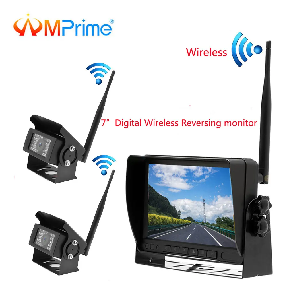 

AMPrime 7" Car Monitor Digital Wireless Dual Backup Reversing Cameras with IR Night Vision Rear View Camera for RV Truck Trailer