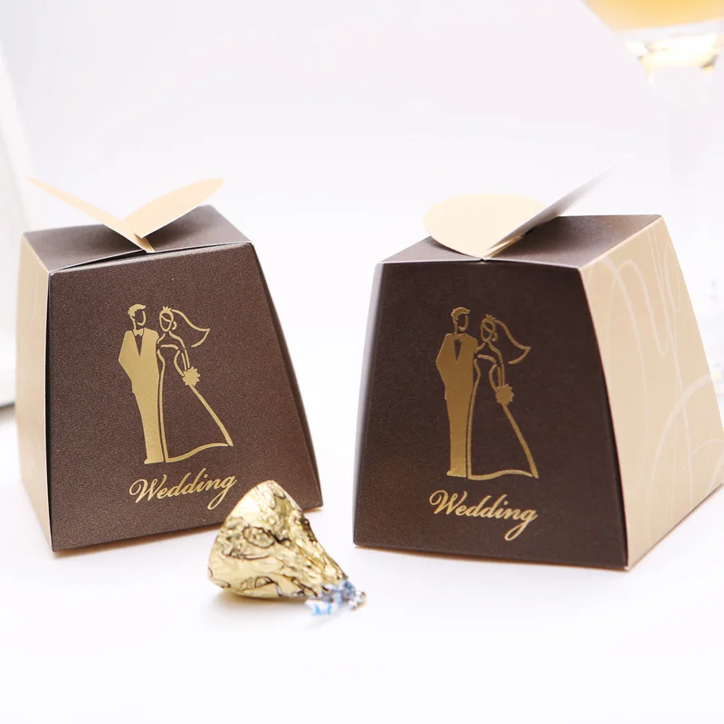 5.8CM(L)*5.8CM(W)*5.8CM(H) Brown Color Bride and Groom Wedding Candy Box Party gift favor holder 50PIECE/LOT