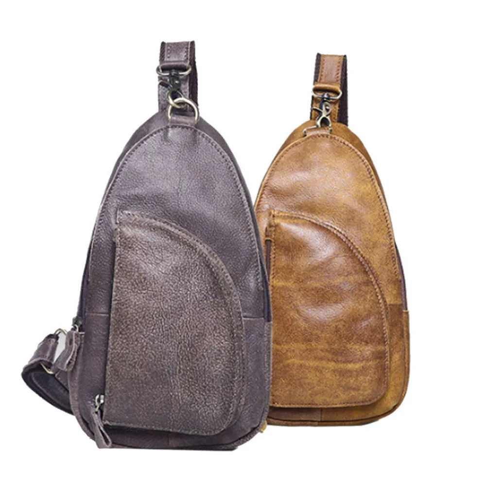 

High Quality Men First Layer Cowhide Vintage Sling Chest Back Pack Travel Riding Crossbody Shoulder Bag New