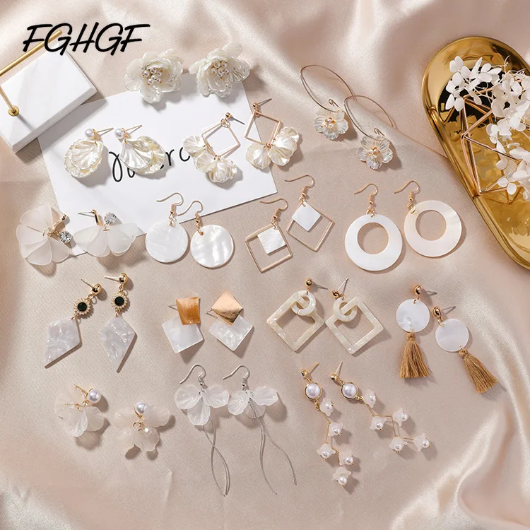 

FGHGF New Handmade Shell Petals Flower Geometric Round Matte Metal Long Earrings Love Ear Drop Earrings for Women Girl Part 2