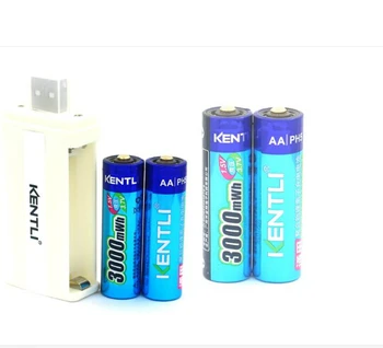 

KENTLI 4pcs low self discharge 1.5v 3000mWh AA rechargeable Li-polymer li-ion polymer lithium battery +1 USB smart Charger