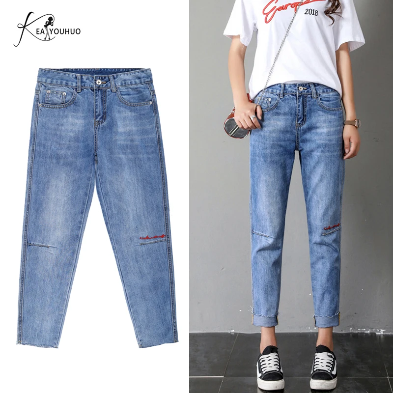 2019 Summer Solid Wash Boyfriend Female High Waist Jeans