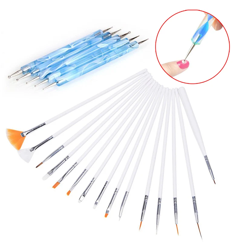 

15Pcs Nail Art Design Painting Drawing Brushes White + 5PCS 2 Way Marbleizing Dotting Pen Tools Set FM88