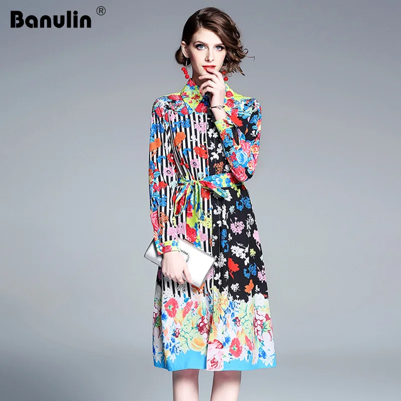 

Banulin 2019 Spring Designer Runway Dress Women Fashion Long Sleeve Floral Print Striped Casual Shirt Dress Party Vestidos