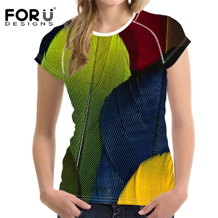 FORUDESIGNS/Цветная дизайнерская женская футболка с перьями, женская футболка с коротким рукавом, эластичная 3D футболка с круглым вырезом, женская футболка для бодибилдинга - Цвет: XQ0140bv