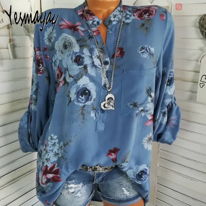 

Blouse Women Plus Size Long Sleeve Print Spring Summer Shirt Fashion V-neck Womens Tops And Blouses Blusas Mujer De Moda 2019
