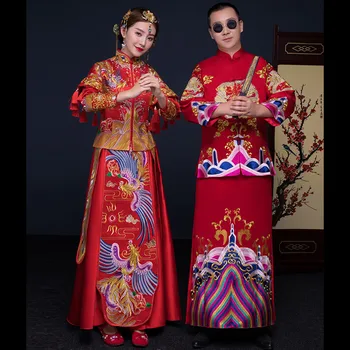 

Chinese Traditional Dress Qipao Embroidery Dragon Phoenix Bride Wedding Dress Modern Cheongsam Oriental Dresses Women And Men