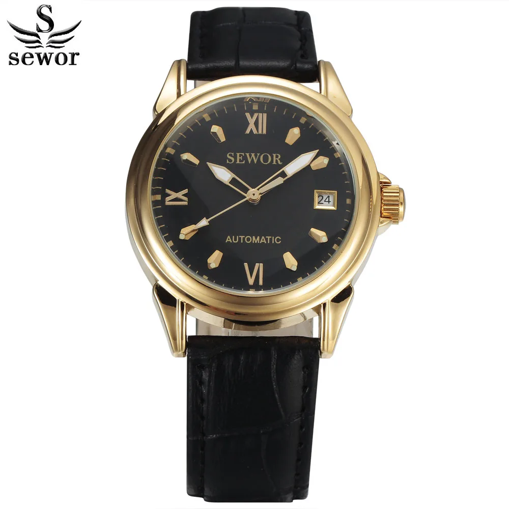 SEWOR Топ бренд золотые классические автоматические наручные часы Автоматическая Дата Календарь кожаный ремешок часы римский циферблат Мужские механические часы - Цвет: 841604