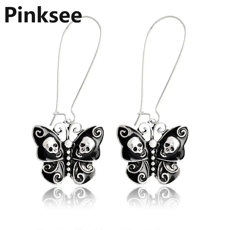 

Fashion Lady Black Gothic Butterfly Skull Drop Hook Dangle Earrings Punk Vintage Jewelry For Women Girls