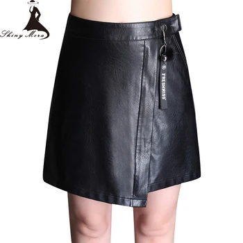 

SHINYMORA 2018 PU Leather Skirts Women High Waist Slim A Line Fashion Spliced Short Skirts Female Elegant Mini Skirts Pockets