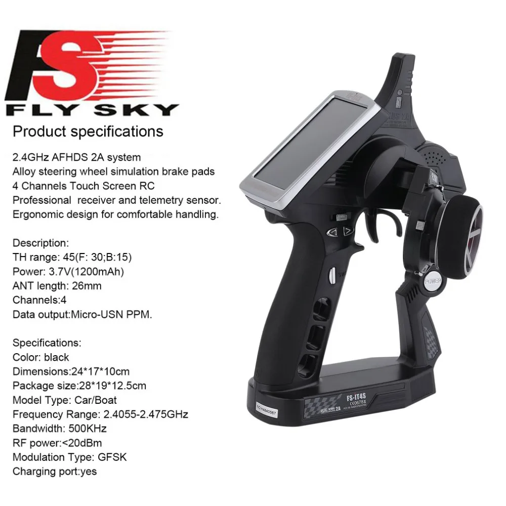 

Flysky FS-iT4S 2.4GHz 4CH RC Radio System Transmitter FS-iA4B receiver waterproof with Touch Screen iT4S for RC Car Boat