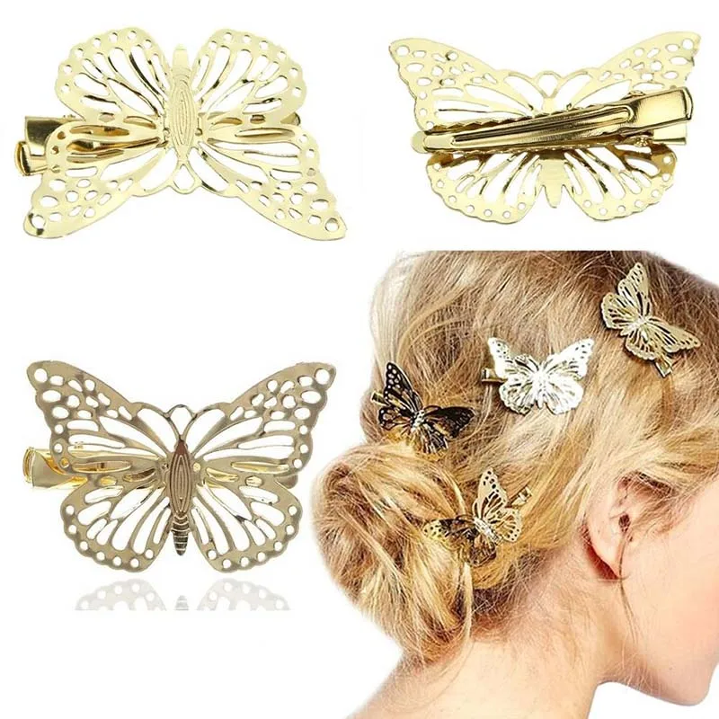 

Women Elegant Fashion Korean Hollow Gold Left And Right Butterfly Female Hairpin Side Clip Headwear Hair Accessories