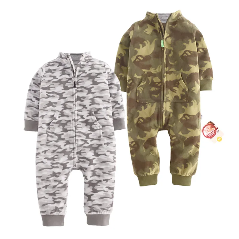 Kopen Baby kleding fleece jumpsuit jongen kleding Peuter Jongens Uitloper Camouflage Zip up Zuigelingen Bebe Jumpsuit Lente Winter warme kleren