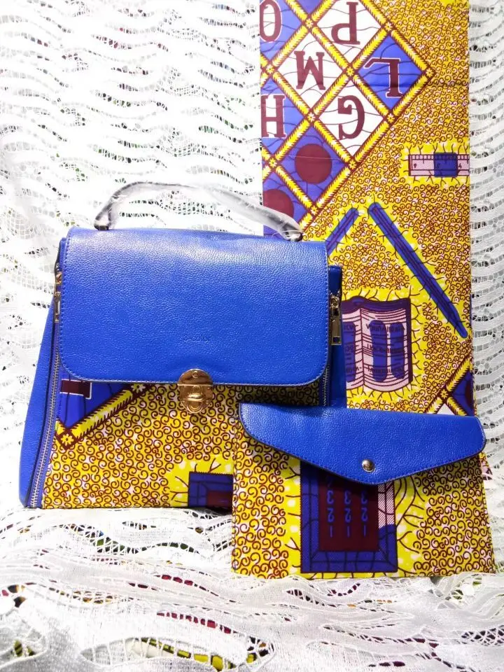 

6Yards Top sale yellow background printed batik wax match african blue leather big handbag set for party WB11