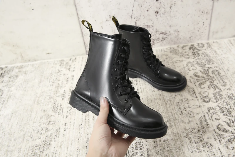 Baimier Winter Black Patent Leather Women Boots Fashion Round Toe Lace Up Ankle Boots For Women Warm Plush Women Winter Boots