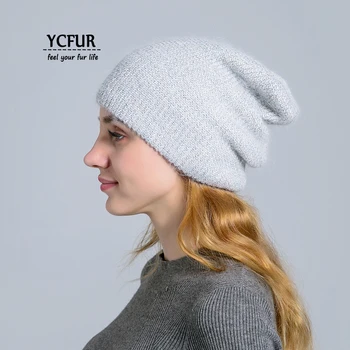 

YCFUR Cute Girls Cap Hat Winter Autumn Double Layer Knit Wool Beanies Hats for Women Angora Rabbit Hair Casual Hat Cap Female