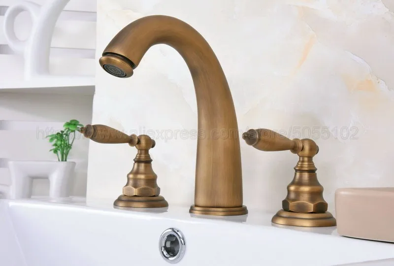 Antique Brass Widespread Bathroom Basin Faucet Dual Handle 3 Holes Basin Mixer Sink Taps Deck Mounted zan076