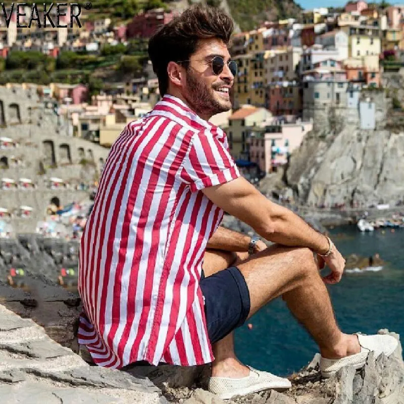 

2019 New Men's Striped Casual Shirts Streetwear Male High Street Red shirt Tops Men Summer Short Sleeves Shirts M-3XL