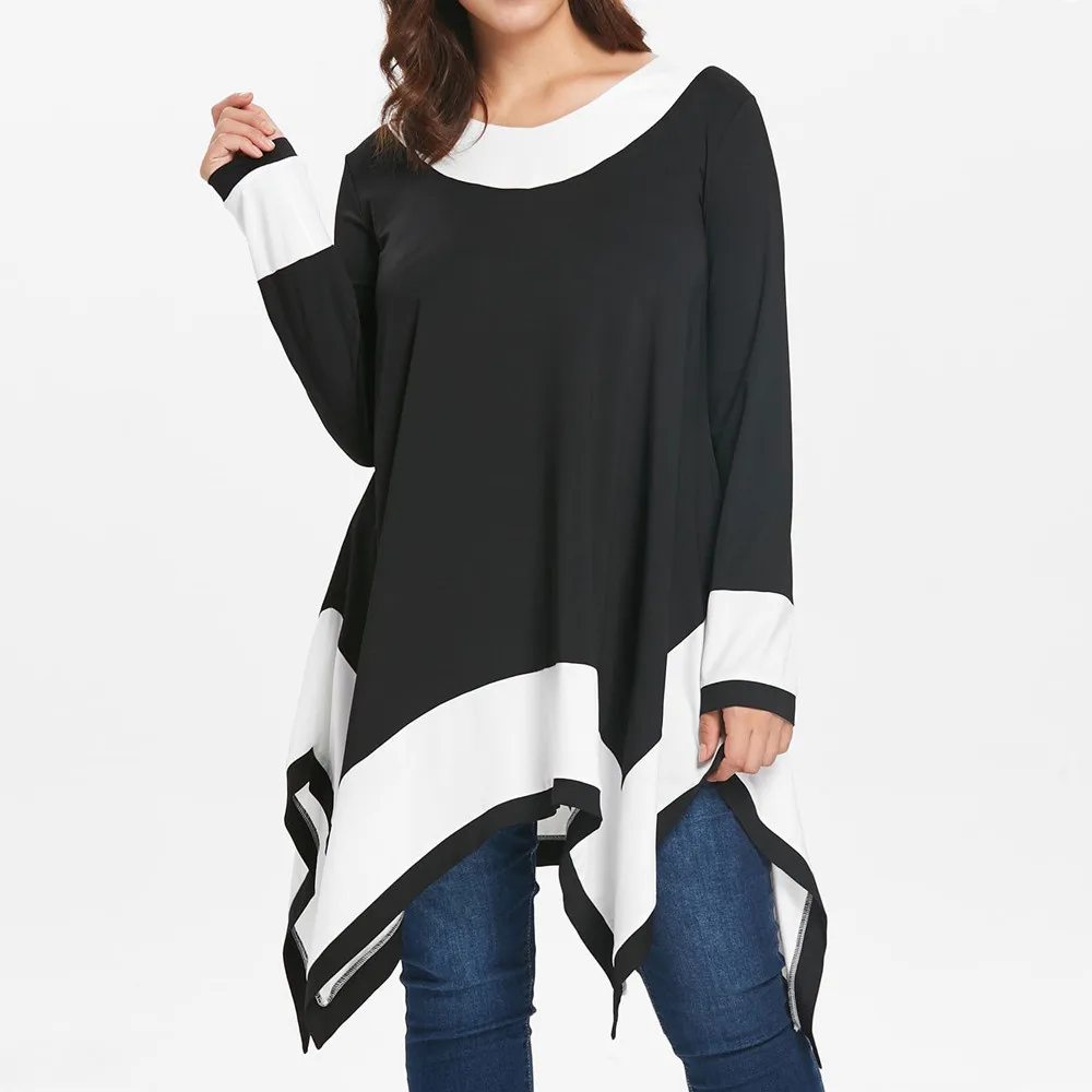 Feitong, женская блузка с длинным рукавом, в стиле пэчворк, с неровным подолом, пуловер, топы, рубашка, Новое поступление - Цвет: Black