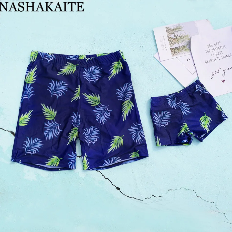 NASHAKAITE/купальный костюм для папы и сына, купальный костюм с рисунком голубых тропических листьев, купальный костюм, плавки для детей, шорты для мужчин