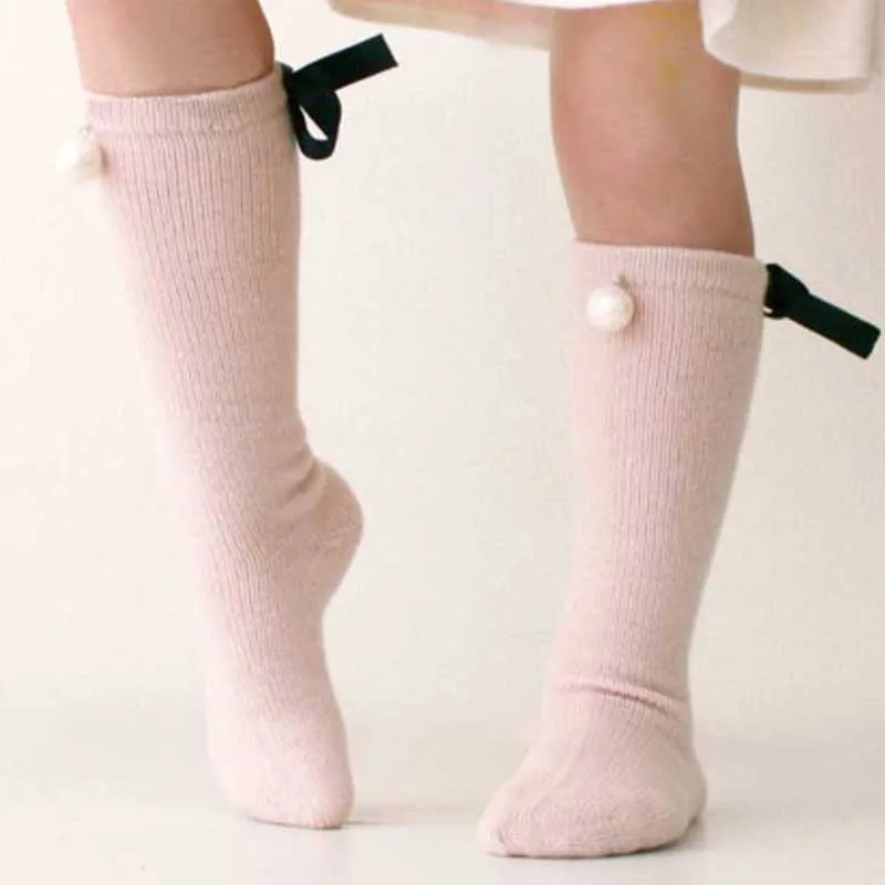 

2019 Fashion Pearl Silk Bowknot Baby Socks Girls Knee High Socks Soft Cotton Knitted Warm Long Tube Knee Socks Girls Cute Socks