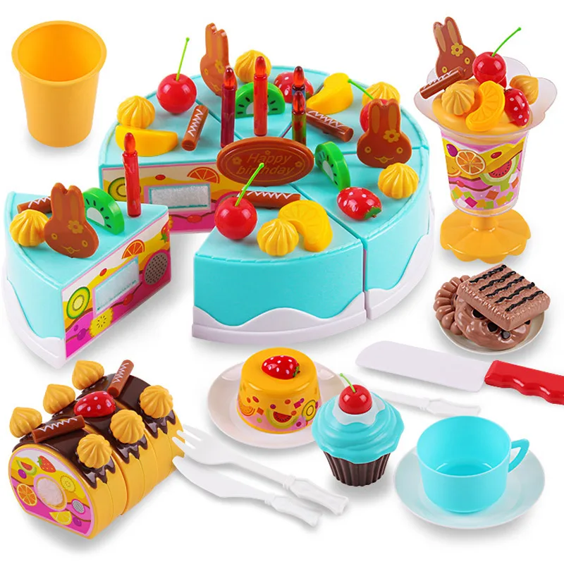 

New DIY Pretend Play Fruit Cutting Birthday Cake Kitchen Food Toys Cocina De Juguete Toy Pink Blue Girls Gift for Children