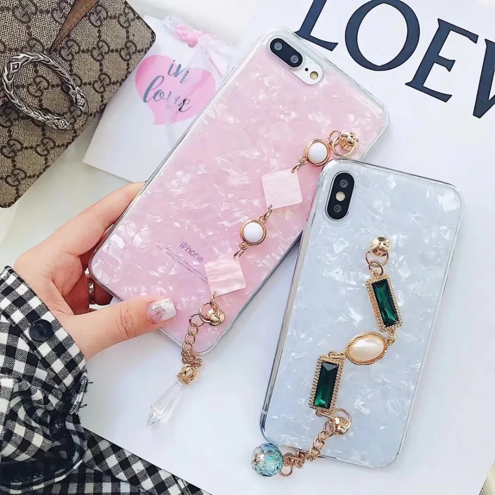 ZMASI Rhinestones Wrist Chain Phone Case for iPhone X 7 8 Conch Grain