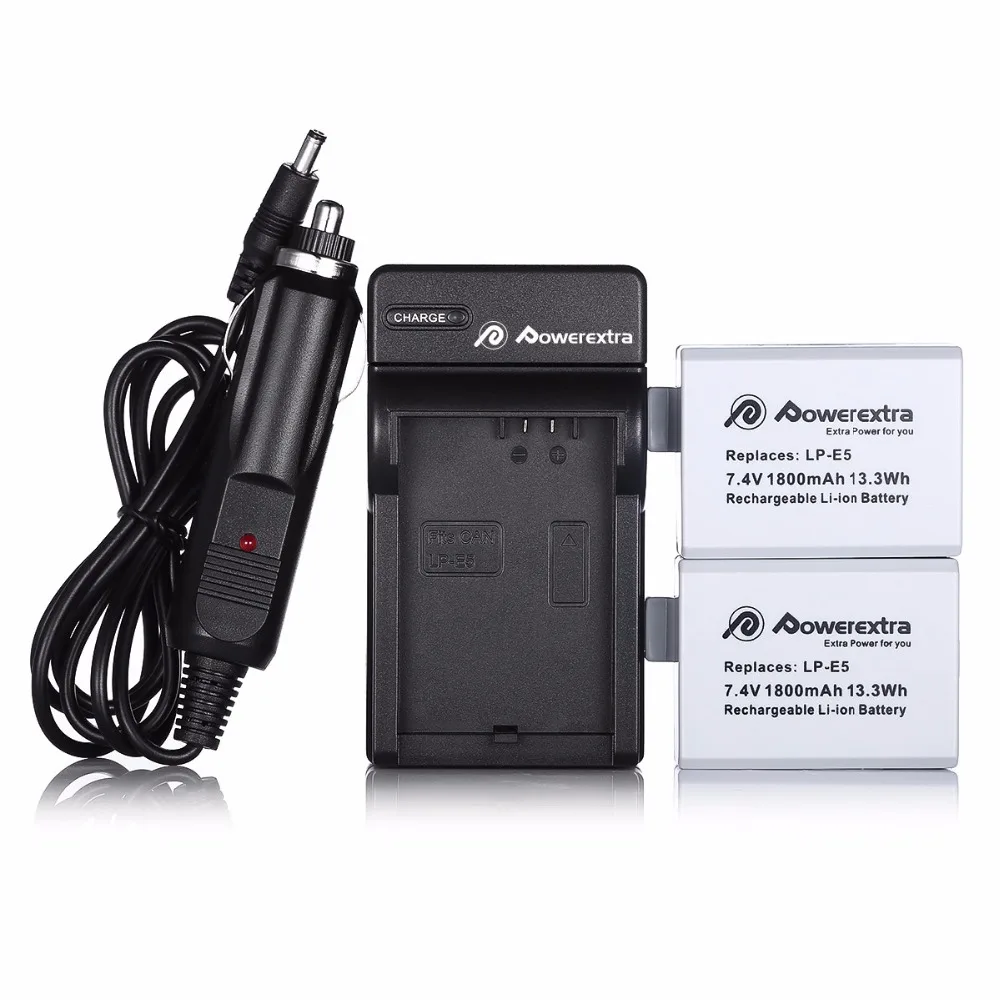 Powerextra 2pcs LP E5 Camera Battery + Battery Charger For Canon for