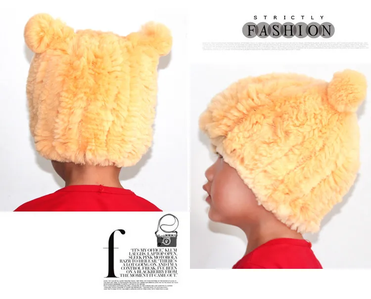 Новая зимняя шапка из меха кролика Рекс, Кожаная шапка, детская шапка с ушками, Толстая теплая шерстяная шапка
