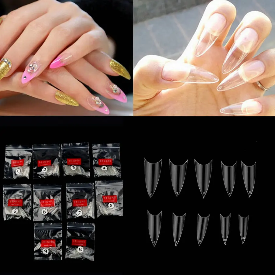 

500pcs Nail Tips Women Girl Transparent Clear Natural Stiletto Point French Acrylic UV Gel Fake False Nails Art Decoration Tool