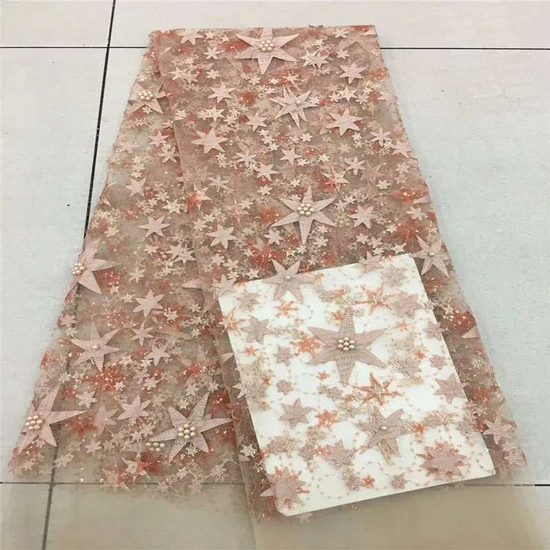 Latest Light Blue Tulle Lace Fabric High Quality Fashion Fabric With Beads 3d Embroidery French lace Fabric for dress RF4-56
