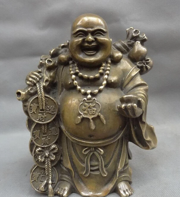

FINE 005128 Chinese Bronze Buddhist Wealth YuanBao Coin Bag Happy Maitreya Buddha Statue